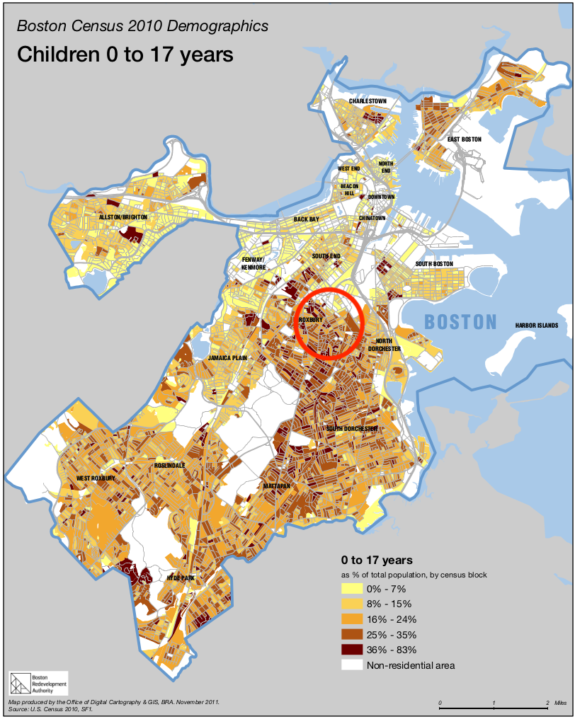 The image is a map of Boston with shaded census tracts to indicate the percentage of youth.